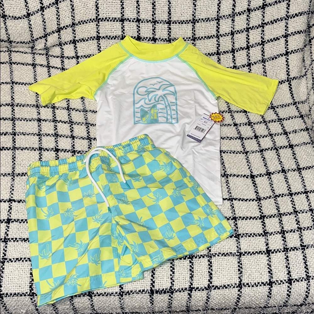 Kids Neon Yellow & Aqua Rash Guard Swim Set